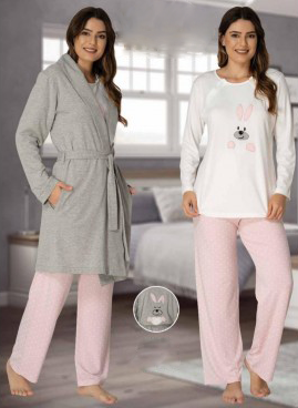 Lohusa Çarşısı 3090 Tavşan Desenli Sabahlıklı Lohusa Pijama Takımı