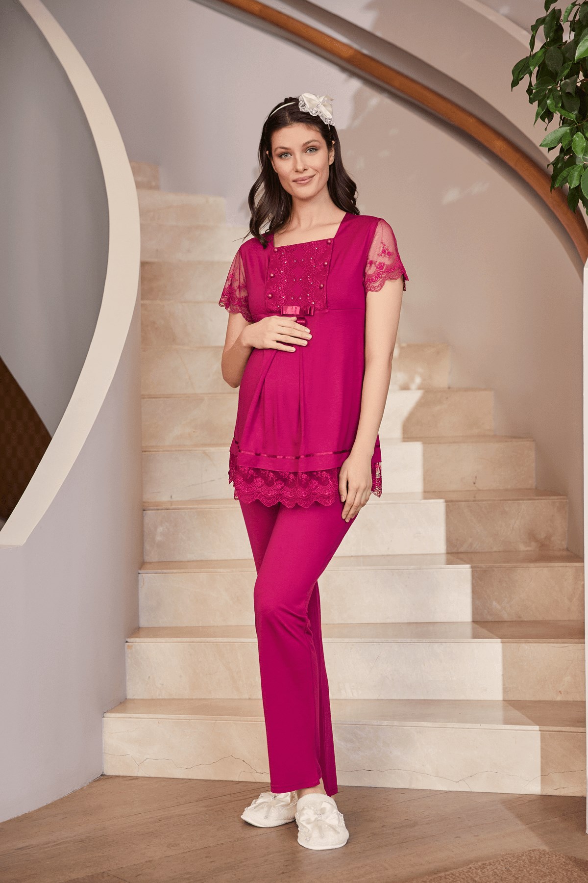 5204 Dantel Yaka Sabahlıklı Lohusa Pijama Takımı